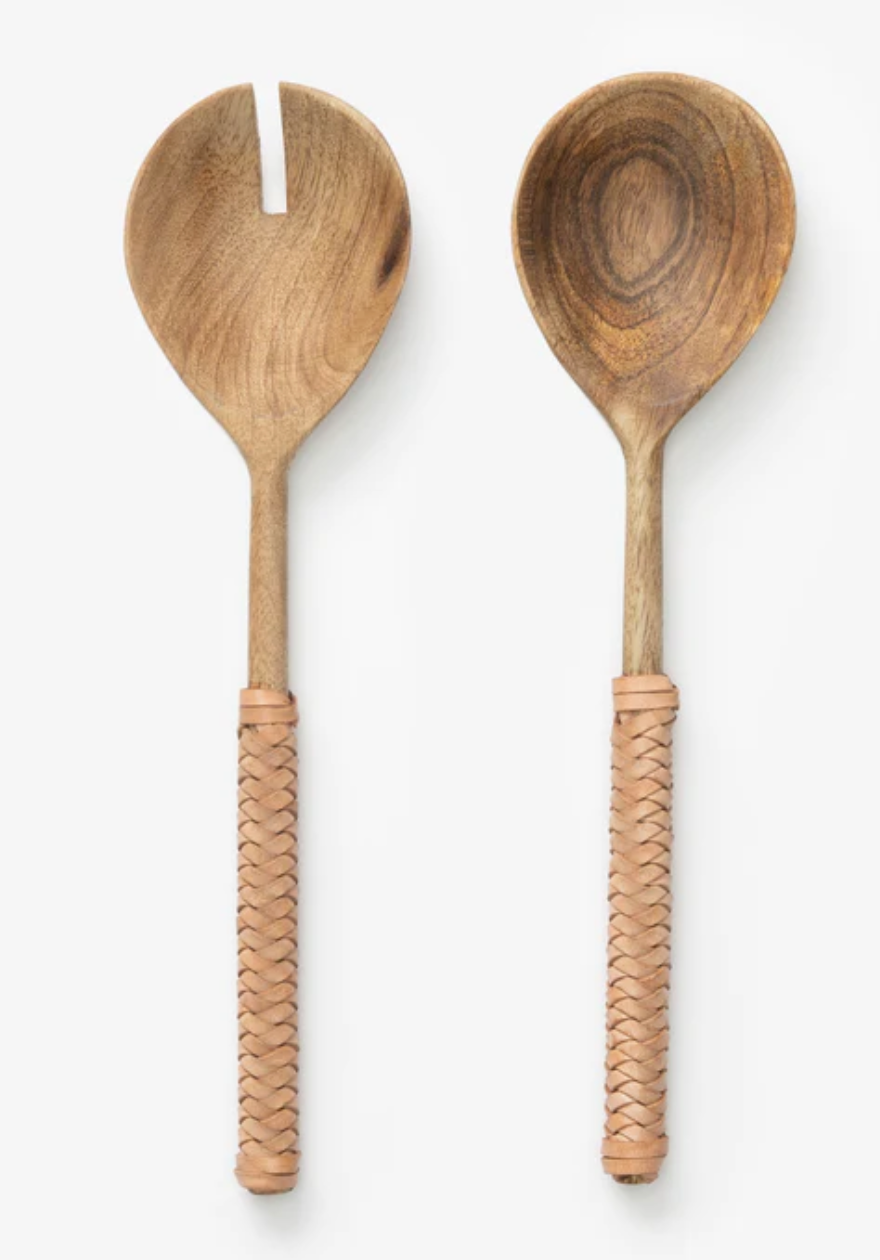 Leather Woven Handle Salad Servers